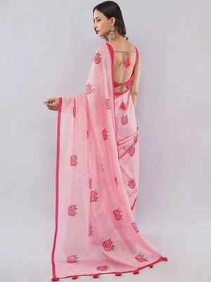 Pink linen printed saree with blouse 3