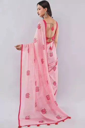 Pink linen printed saree with blouse
