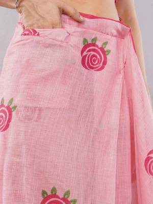 Pink linen printed saree with blouse 5