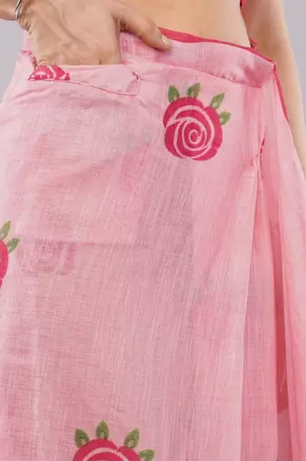 Pink linen printed saree with blouse