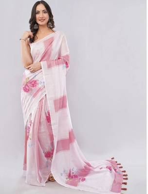 Pink linen printed saree with blouse 1