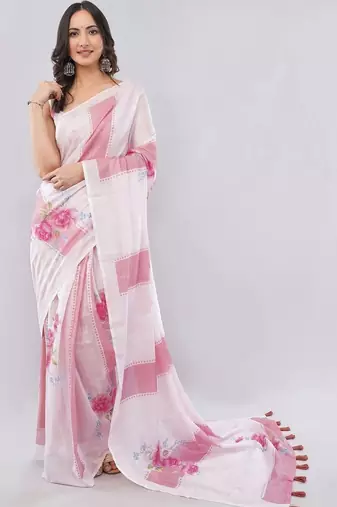 Pink linen printed saree with blouse