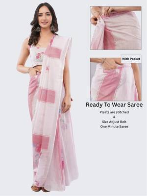 Pink linen printed saree with blouse 2