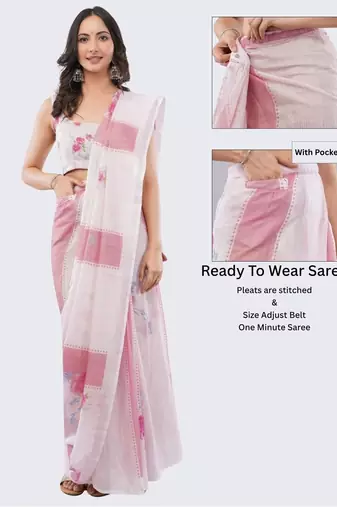 Pink linen printed saree with blouse