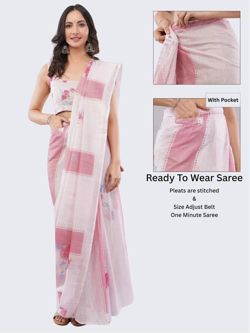 Pink linen printed saree with blouse