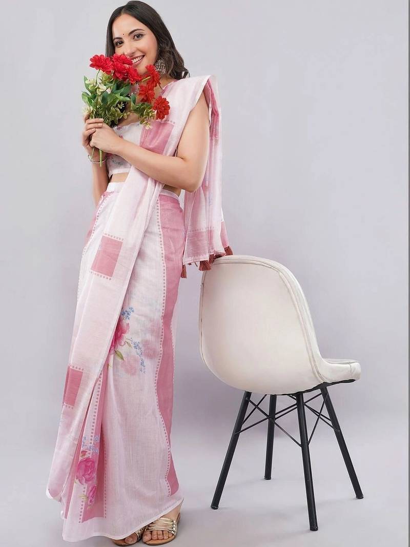 Pink linen printed saree with blouse