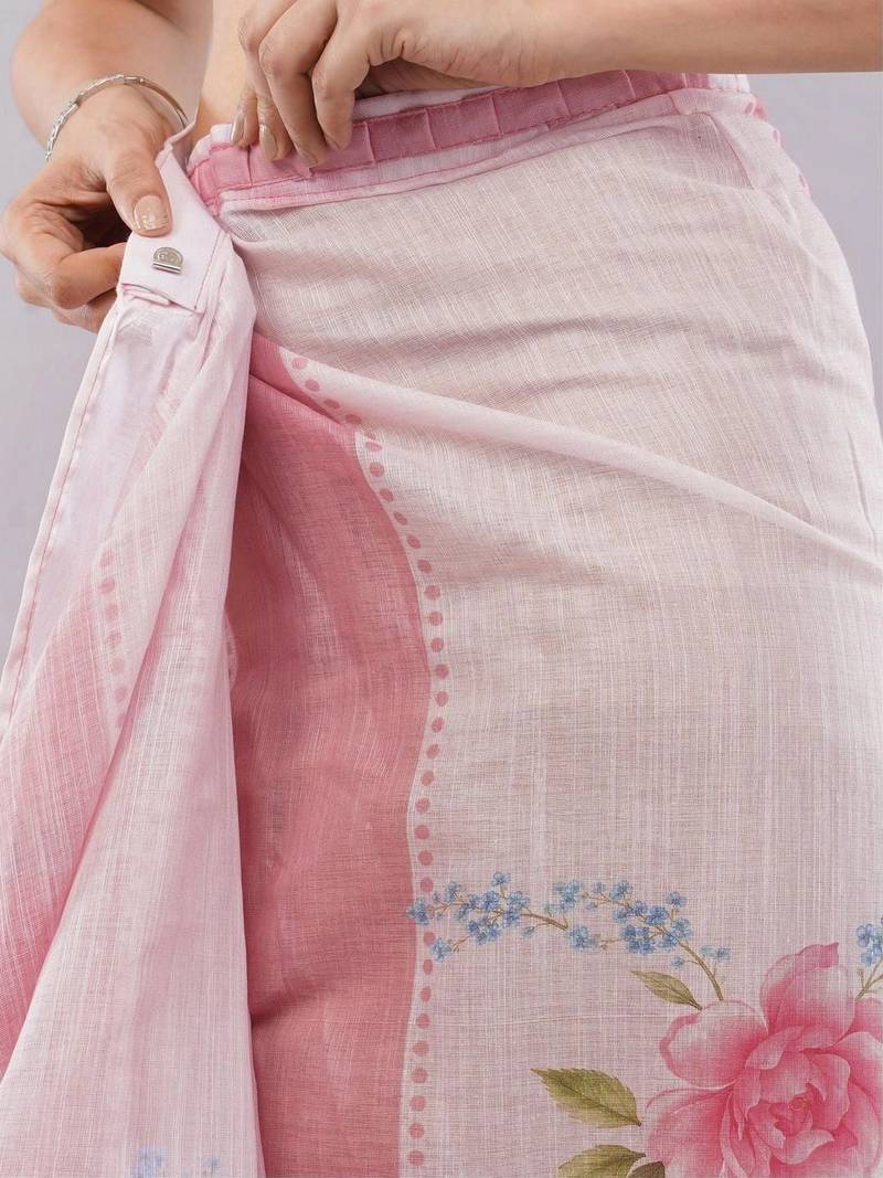 Pink linen printed saree with blouse