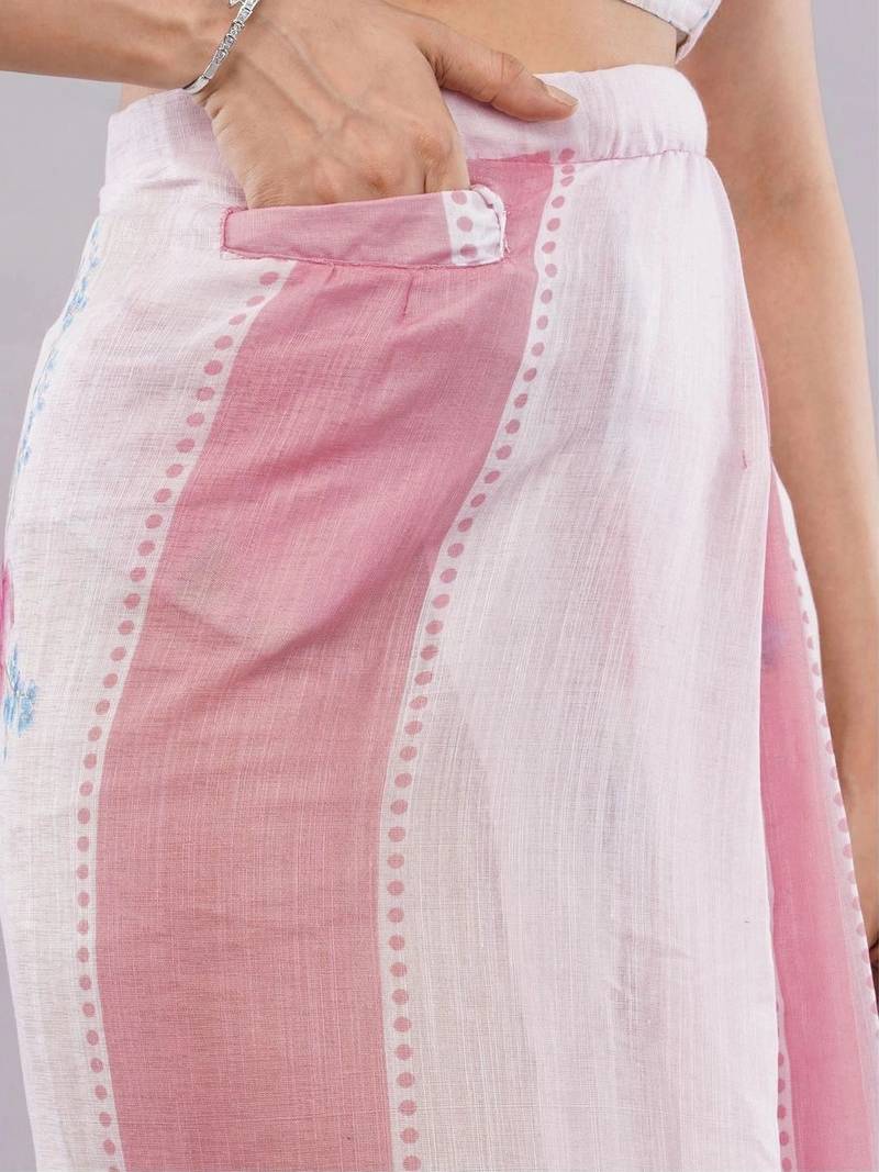 Pink linen printed saree with blouse