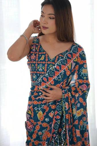 Teal pure georgette printed saree with blouse