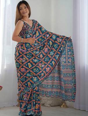 Teal pure georgette printed saree with blouse 3