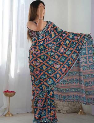 Teal pure georgette printed saree with blouse 4