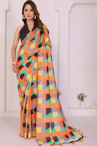 Orange linen printed saree with blouse