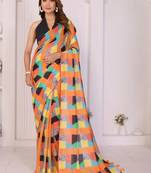 Orange linen printed saree with blouse