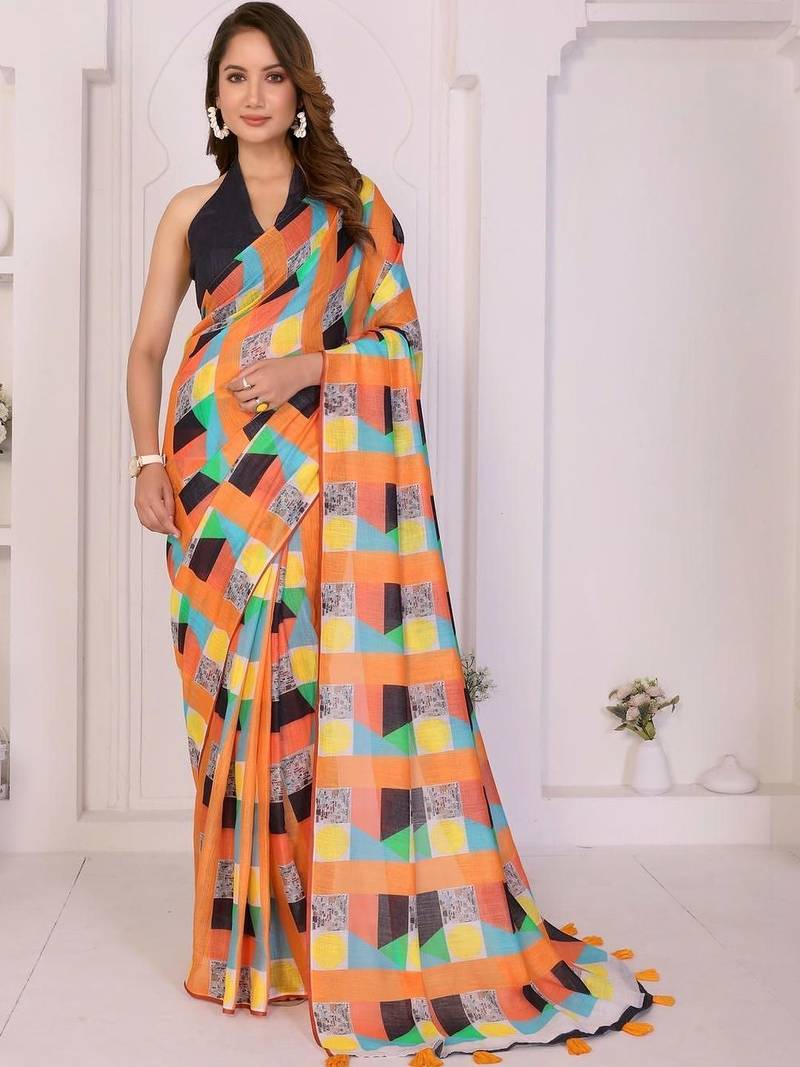 Orange linen printed saree with blouse