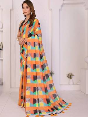 Orange linen printed saree with blouse 3