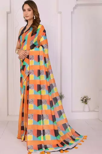 Orange linen printed saree with blouse