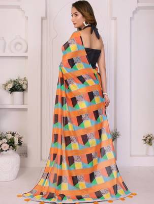 Orange linen printed saree with blouse 4