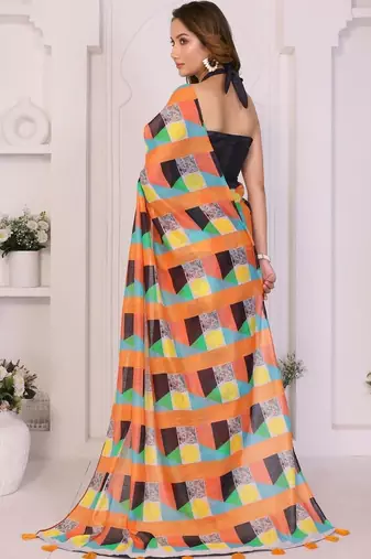 Orange linen printed saree with blouse