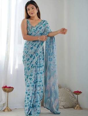 Blue pure georgette printed saree with blouse 1