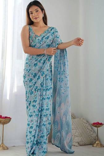 Blue pure georgette printed saree with blouse