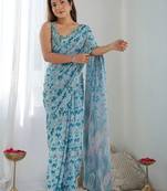 Blue pure georgette printed saree with blouse