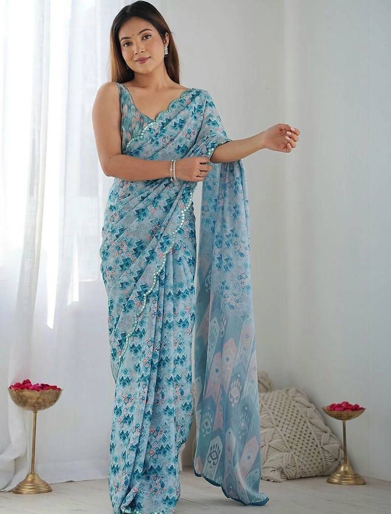Blue pure georgette printed saree with blouse