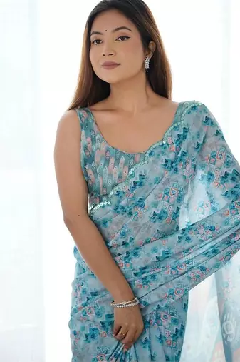 Blue pure georgette printed saree with blouse