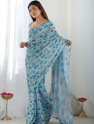 Blue pure georgette printed saree with blouse 3