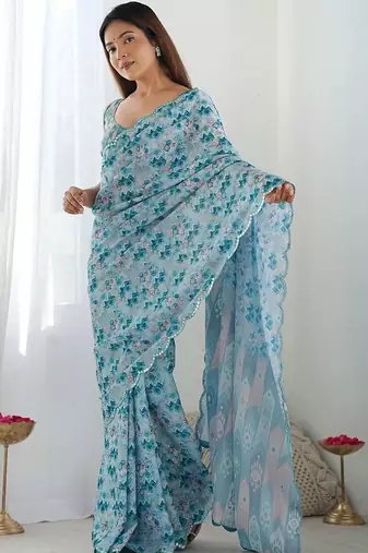 Blue pure georgette printed saree with blouse