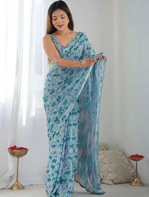 Blue pure georgette printed saree with blouse 4
