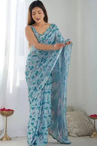 Blue pure georgette printed saree with blouse