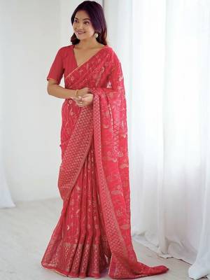 Red pure georgette printed saree with blouse 1