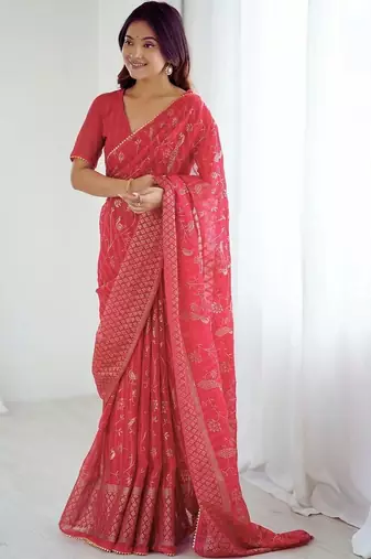 Red pure georgette printed saree with blouse