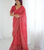 Red pure georgette printed saree with blouse