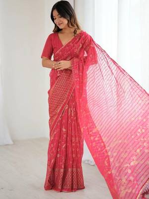 Red pure georgette printed saree with blouse 3