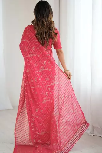 Red pure georgette printed saree with blouse