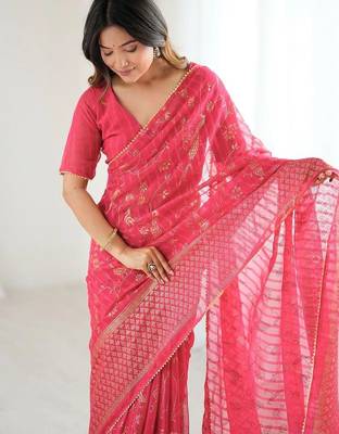 Red pure georgette printed saree with blouse 5