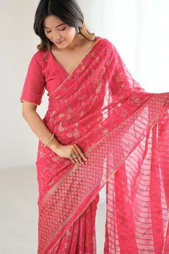 Red pure georgette printed saree with blouse