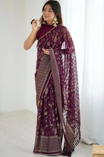 Purple pure georgette printed saree with blouse