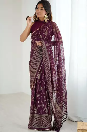 Purple pure georgette printed saree with blouse