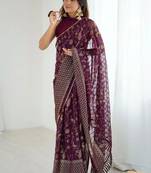Purple pure georgette printed saree with blouse