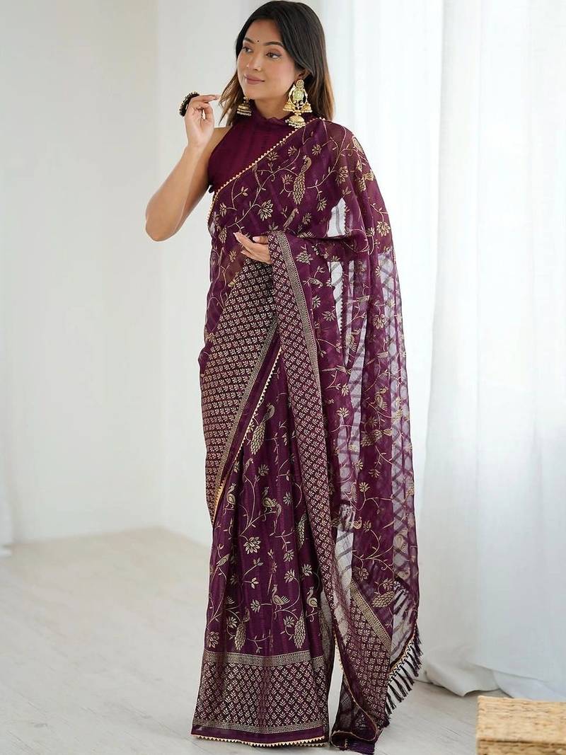 Purple pure georgette printed saree with blouse
