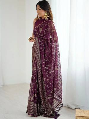 Purple pure georgette printed saree with blouse 2