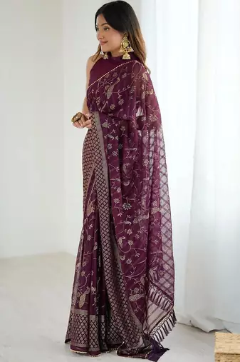 Purple pure georgette printed saree with blouse