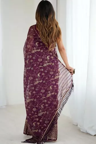 Purple pure georgette printed saree with blouse