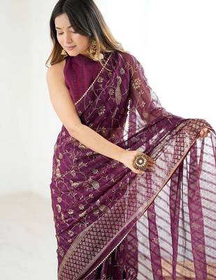 Purple pure georgette printed saree with blouse 4