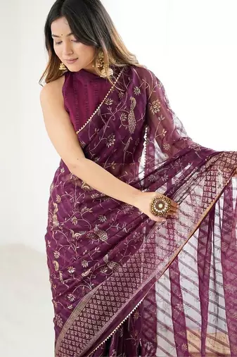 Purple pure georgette printed saree with blouse