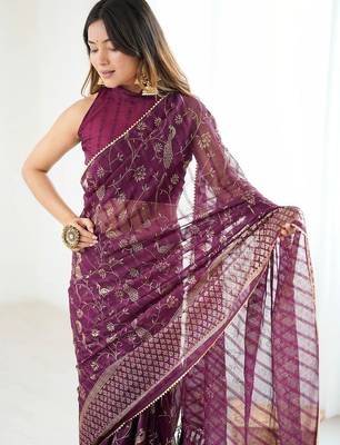 Purple pure georgette printed saree with blouse 5