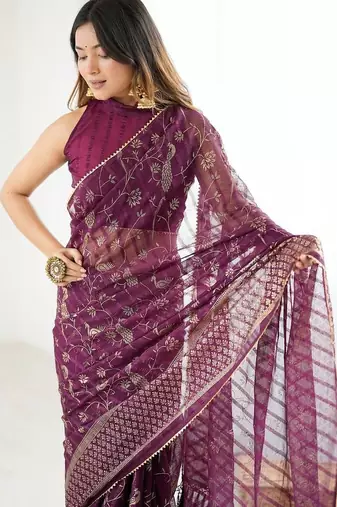Purple pure georgette printed saree with blouse