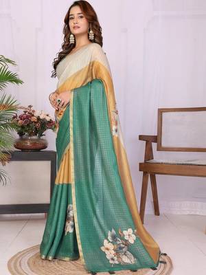 Green linen solid saree with blouse 1